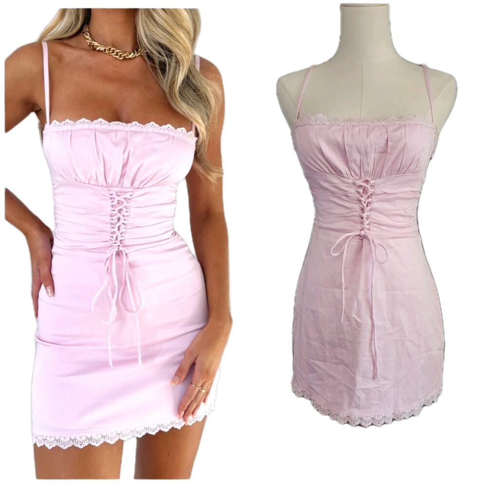 NEW White Fox Time To Explore Mini Dress Size Large Corset Lace Up Ruched Waist